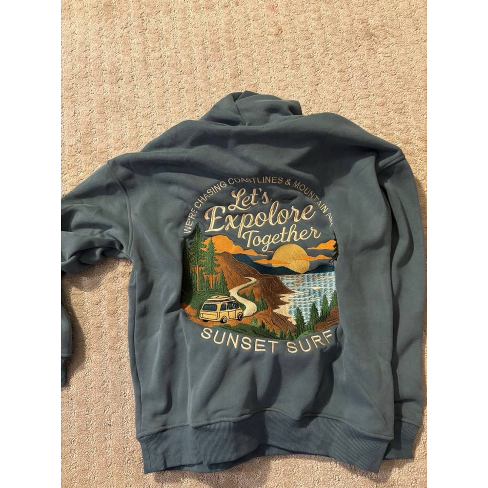 NWT Sunset Surf Coastal Explore Green Hoodie S Embroidered Graphic Fleece Lined - Picture 12 of 15